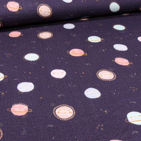 Tissu Double gaze Bio Planètes et soleil sur fond Noir