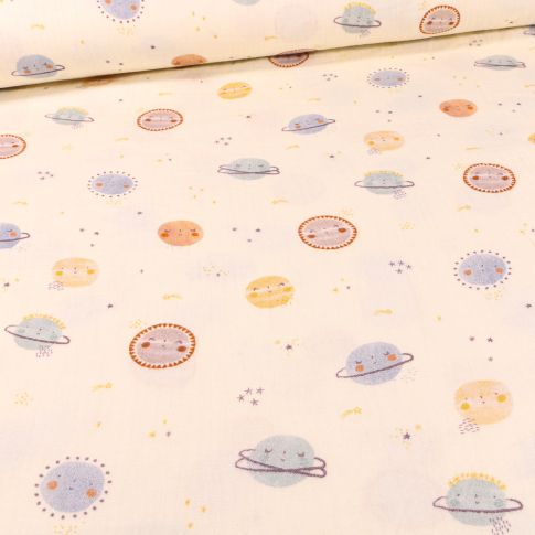 Tissu Double gaze Bio Planètes et soleil sur fond Beige