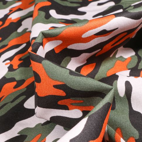 Tissu Coton imprimé Camouflage militaire sur fond Orange