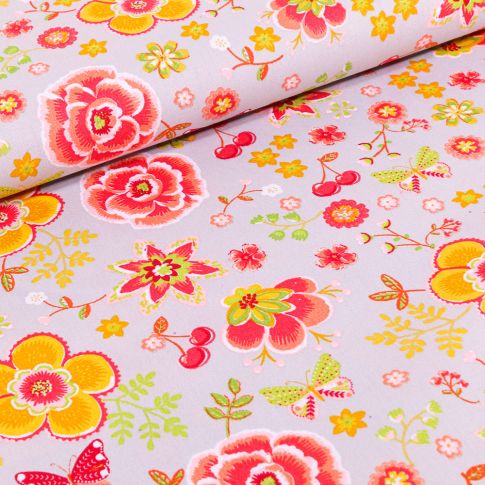 Tissu Coton imprimé LittleBird Diverses fleurs colorés sur fond Gris clair