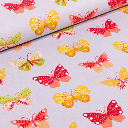 Tissu Coton imprimé LittleBird Papillons multicolores sur fond Gris clair
