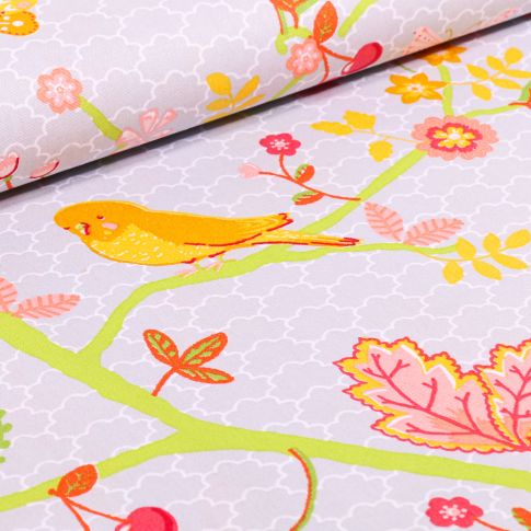 Tissu Coton imprimé LittleBird Oiseaux et fleurs multicolores sur fond Gris clair