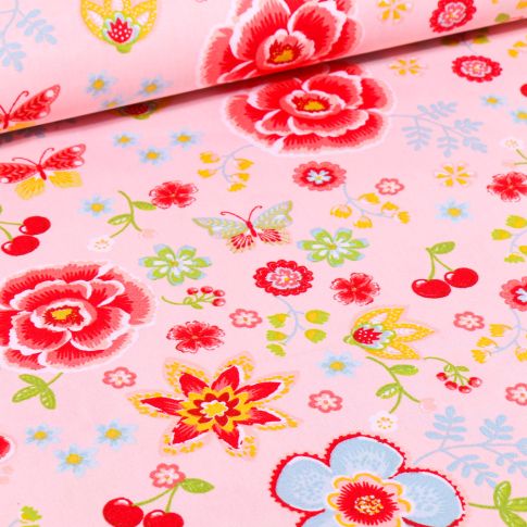 Tissu Coton imprimé LittleBird Cerises et fleurs multicolores sur fond Gris clair