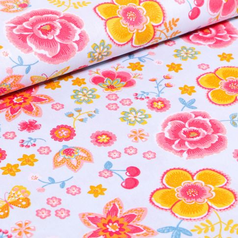 Tissu Coton imprimé LittleBird Diverses fleurs colorés sur fond Bleu
