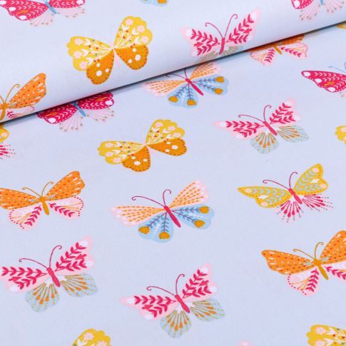 Tissu Coton imprimé LittleBird Papillons multicolores sur fond Bleu
