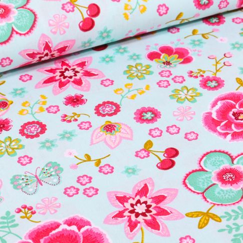 Tissu Coton imprimé LittleBird Diverses fleurs colorés sur fond Vert menthe clair
