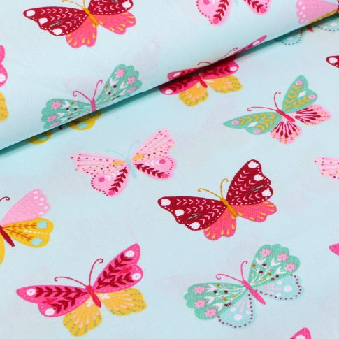 Tissu Coton imprimé LittleBird Papillons multicolores sur fond Vert menthe clair