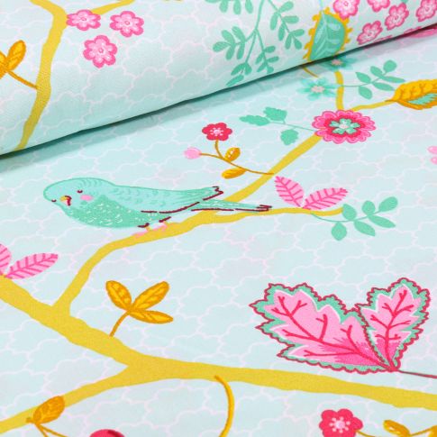 Tissu Coton imprimé LittleBird Oiseaux et fleurs multicolores sur fond Vert menthe