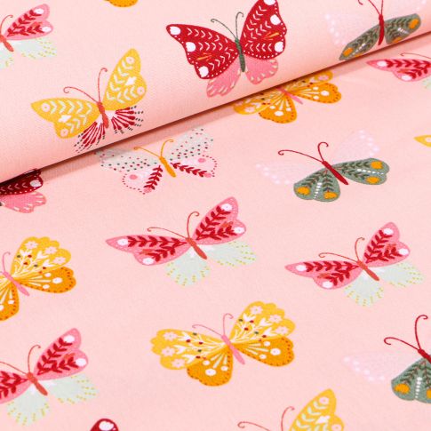 Tissu Coton imprimé LittleBird Papillons multicolores sur fond Saumon