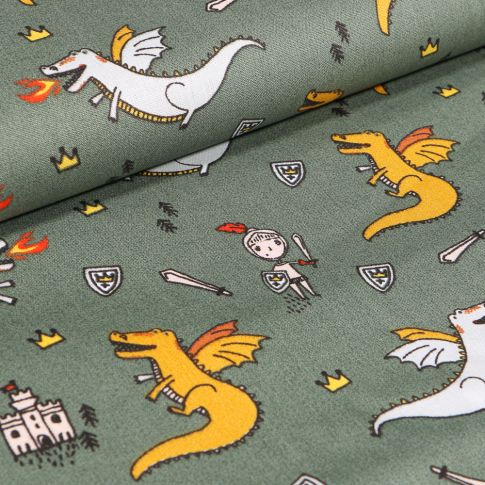 Tissu Coton imprimé LittleBird Dragons et chevaliers sur fond Vert kaki