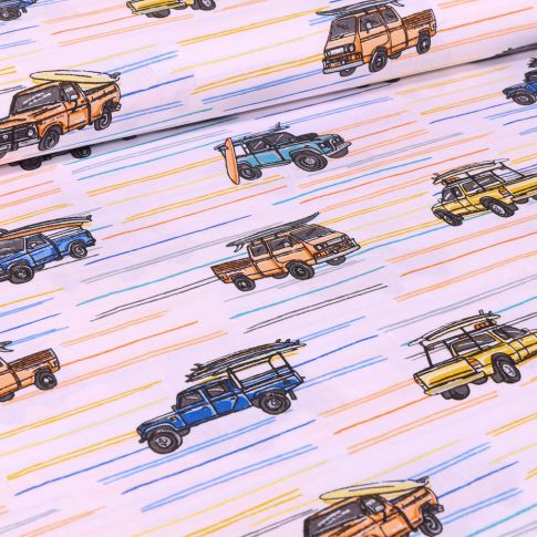 Tissu Coton imprimé Pick up surfer sur fond Blanc