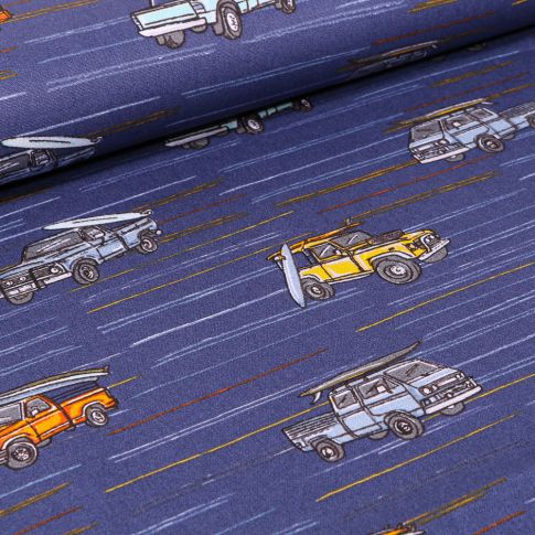 Tissu Coton imprimé Pick up surfer sur fond Bleu