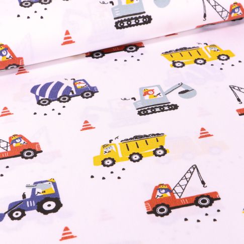 Tissu Coton imprimé LittleBird Camion benne et grue sur fond Blanc