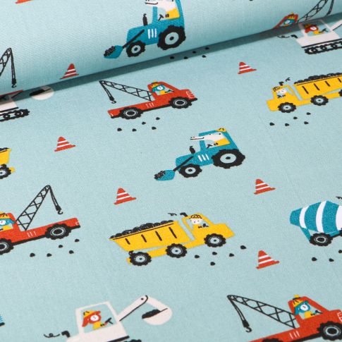 Tissu Coton imprimé LittleBird Camion benne et grue sur fond Bleu