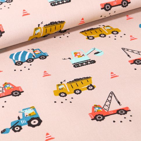 Tissu Coton imprimé LittleBird Camion benne et grue sur fond Beige