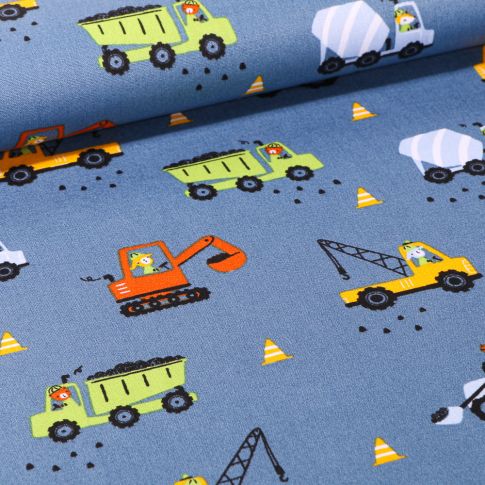 Tissu Coton imprimé LittleBird Camion benne et grue sur fond Bleu denim