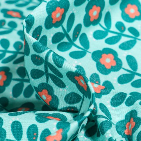 Tissu Coton enduit Fleurs seventies sur fond Bleu lagon