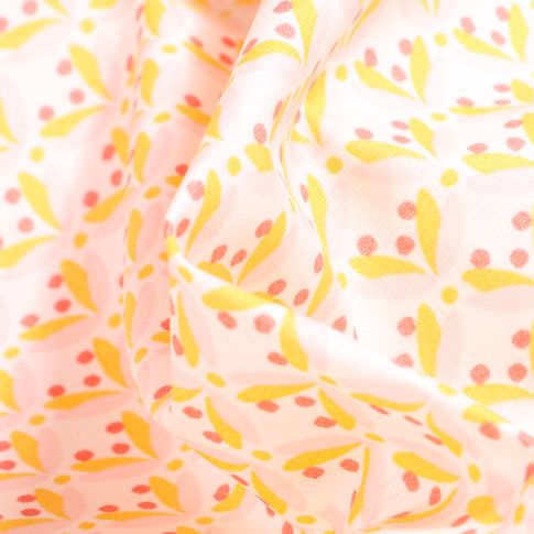 Tissu Coton enduit Pétales et pois jaunes sur fond Blanc