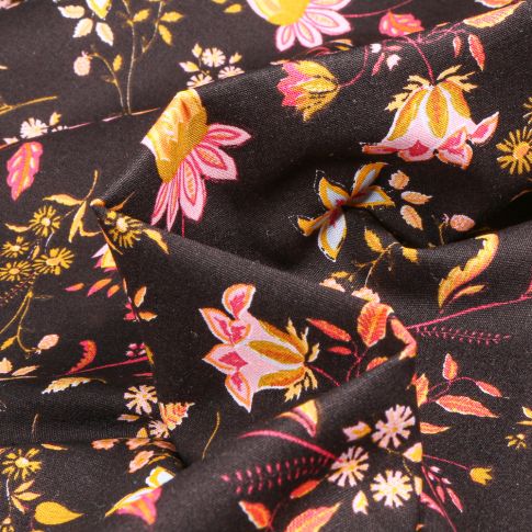 Tissu Coton imprimé Olga sur fond Noir