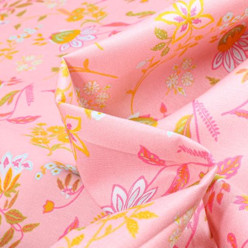 Tissu Coton imprimé Olga sur fond Rose