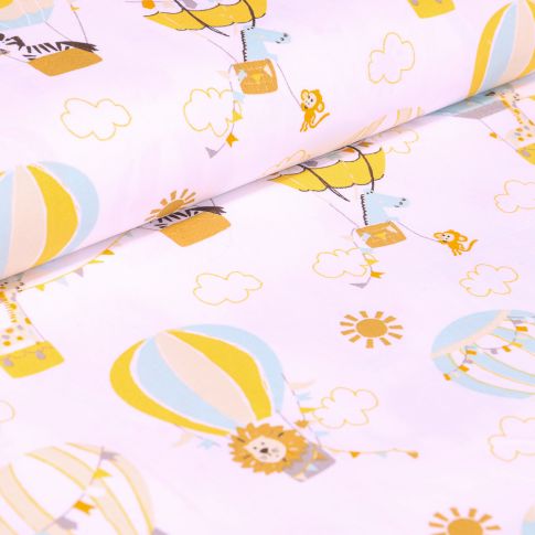 Tissu Coton imprimé LittleBird Montgolfière et animaux sur fond Blanc