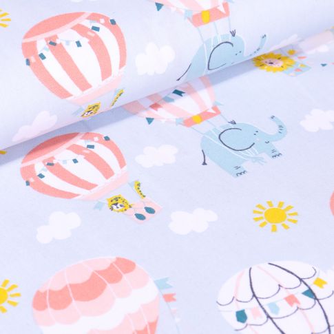 Tissu Coton imprimé LittleBird Montgolfière et animaux sur fond Bleu