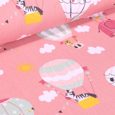 Tissu Coton imprimé LittleBird Montgolfière et animaux sur fond Rose