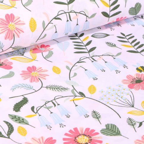 Tissu Coton imprimé Butinage de fleurs sur fond Blanc