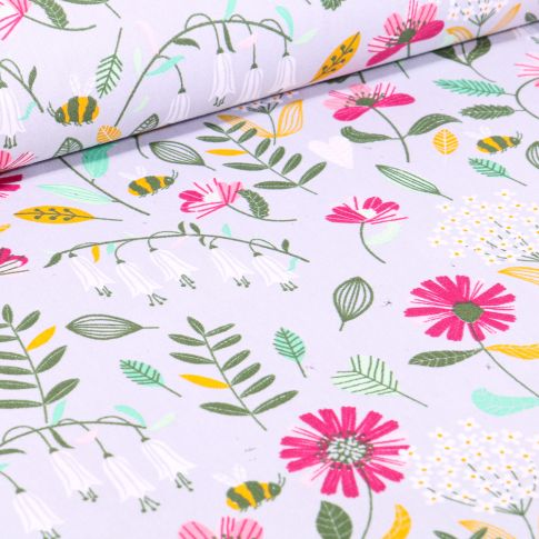 Tissu Coton imprimé Butinage de fleurs sur fond Gris