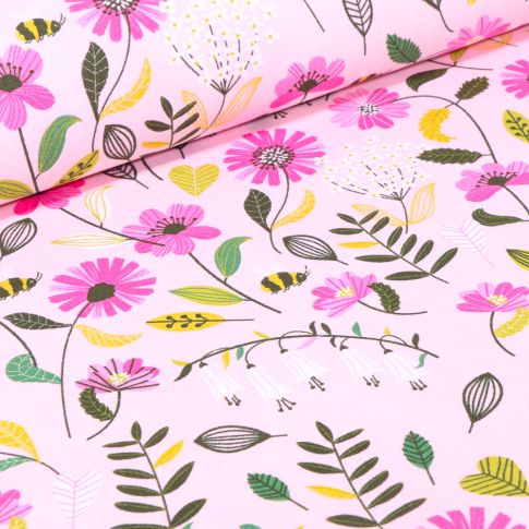 Tissu Coton imprimé Butinage de fleurs sur fond Rose