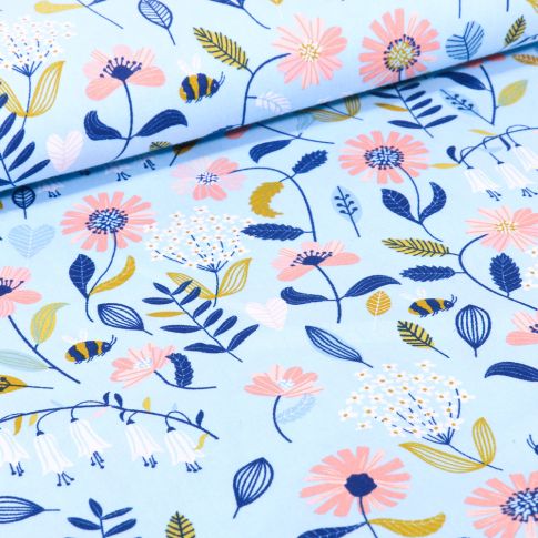Tissu Coton imprimé Butinage de fleurs sur fond Bleu