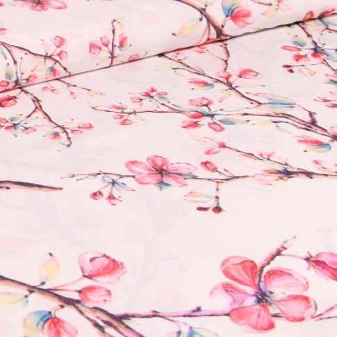 Tissu Satin Stretch Fleurs de cerisiers sur fond Blanc cassé