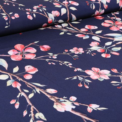 Tissu Satin Stretch Fleurs de cerisiers sur fond Bleu marine