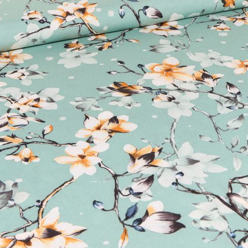 Tissu Satin Stretch Branches fleuris sur fond Bleu ciel