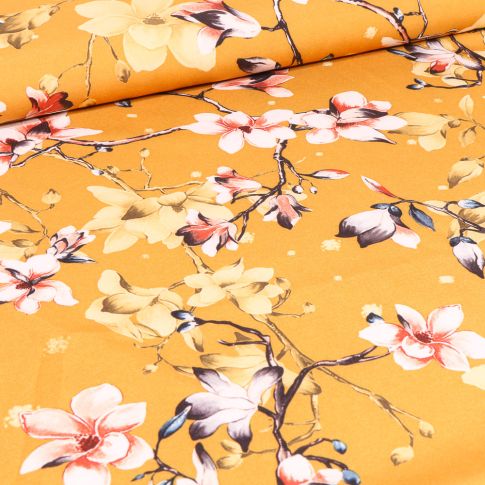 Tissu Satin Stretch Branches fleuris sur fond Jaune