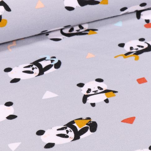Tissu Jersey Coton Pandas et formes géométriques sur fond Gris