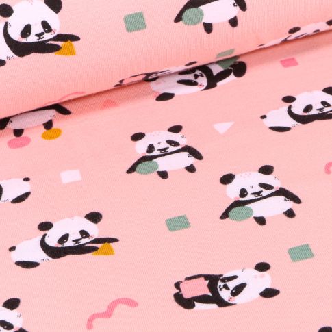 Tissu Jersey Coton Pandas et formes géométriques sur fond Rose