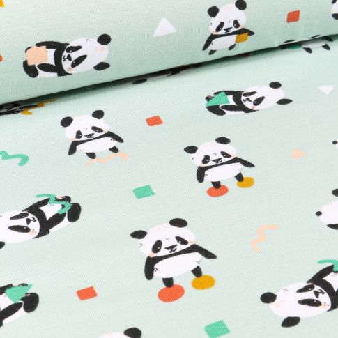 Tissu Jersey Coton Pandas et formes géométriques sur fond Vert menthe