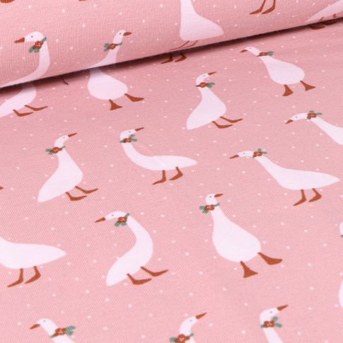 Tissu Jersey Coton Bio Oies coquettes sur fond Rose pâle