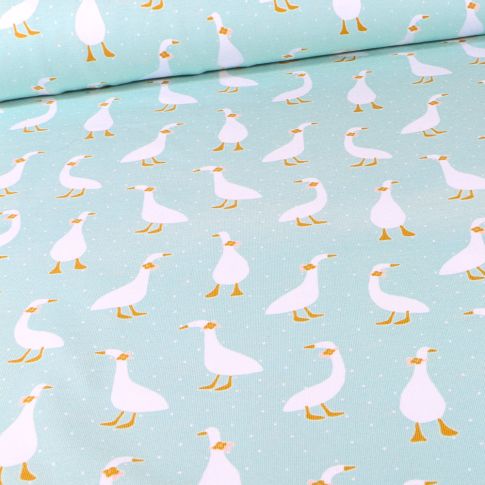 Tissu Jersey Coton Oies sur fond Vert menthe