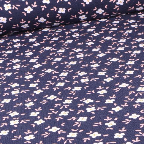 Tissu Jersey Coton Petites pensées sur fond Bleu marine