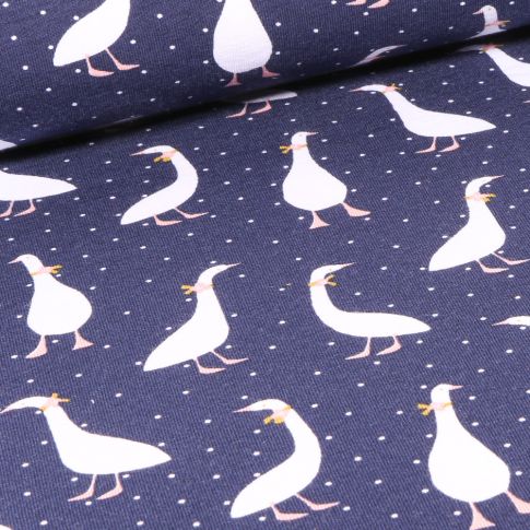 Tissu Jersey Coton Bio Oies coquettes sur fond Bleu marine