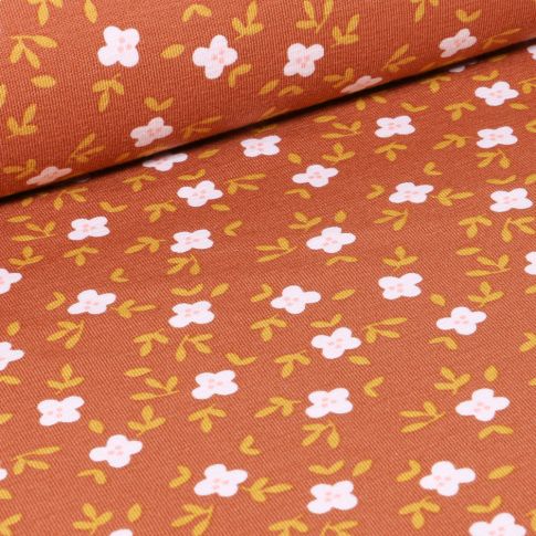 Tissu Jersey Coton Bio Fleurs blanches et feuilles sur fond Brique