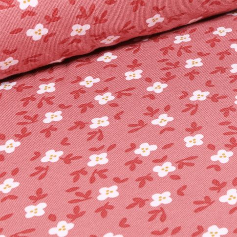 Tissu Jersey Coton Bio Fleurs blanches et feuilles sur fond Rose