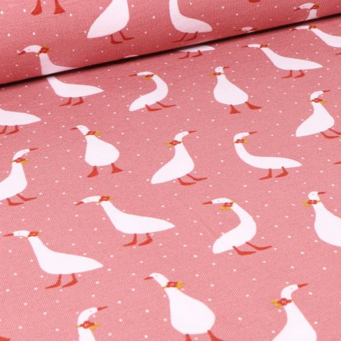 Tissu Jersey Coton Bio Oies coquettes sur fond Rose