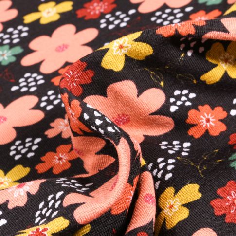 Tissu Jersey Coton Bio Pensées colorées sur fond Noir