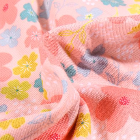 Tissu Jersey Coton Bio Pensées colorées sur fond Rose