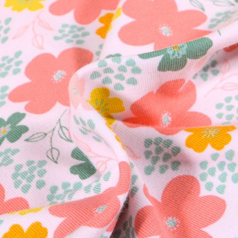 Tissu Jersey Coton Bio Pensées colorées sur fond Blanc