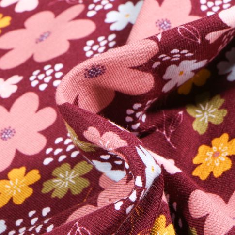 Tissu Jersey Coton Bio Pensées colorées sur fond Bordeaux