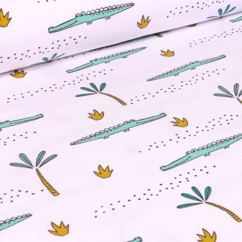 Tissu Jersey Coton Bio Crocodile et palmier sur fond Blanc